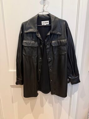 Steve Madden Black Faux Leather Button-Front Shirt Jacket